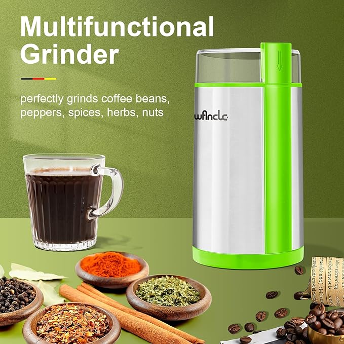 Coffee Grinder, Wancle Electric Coffee Grinder, Quiet Spice Grinder, One Touch Coffee Mill for Beans, Spices and More, with Clean Brush (Green+Stainless Steel+Green)