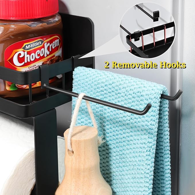 Paper Towel Holder Fridge Magnetic with Shelf - 2 Pack Paper Towel Holder Without Drilling + Magnet Spice Racks with 2 Kitchen Hanging Hooks Heavy Duty Space Saving, Black