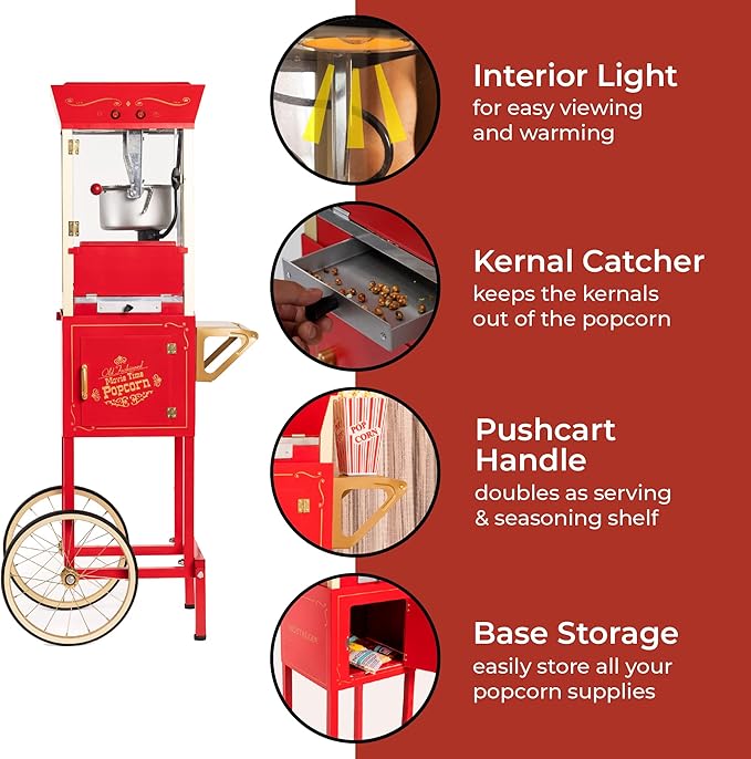 Nostalgia Popcorn Maker Machine - Professional Cart With 8 Oz Kettle Makes Up to 32 Cups - Vintage Popcorn Machine Movie Theater Style - Red