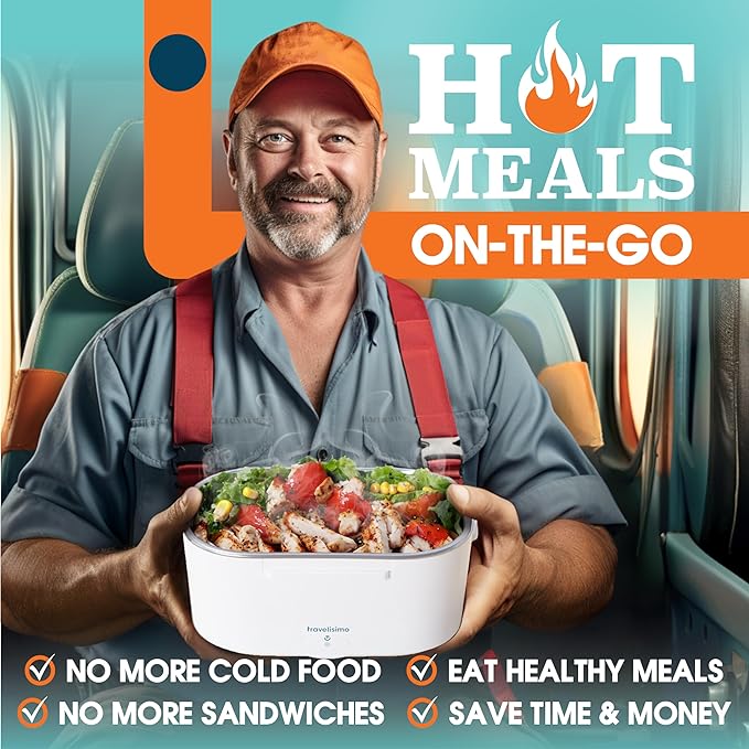 TRAVELISIMO Electric Lunch Box for Adults 100W Heated Lunch Box For Men 1.5L Stainless Steel Portable Food Warmer, 12/24/110V for Travel & Work, Loncheras Electricas Para Calentar almuerzo