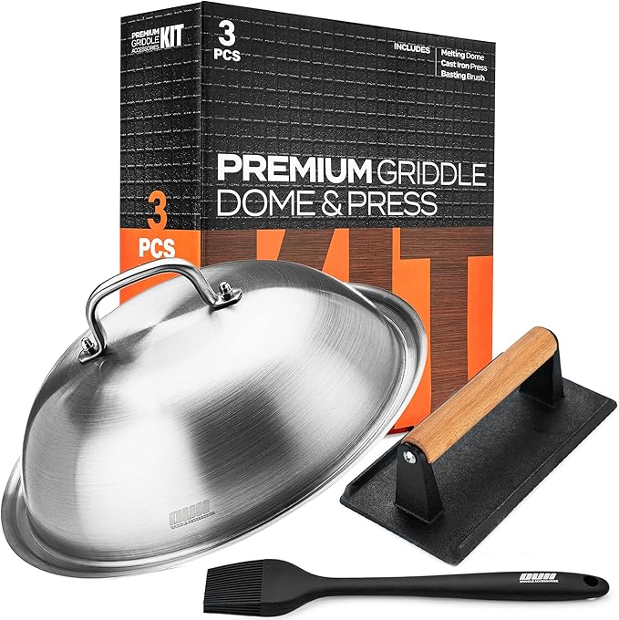 Flat Top Griddle Accessories Set for Blackstone and Camp Chef Griddle - 12 Inch Heavy Duty Round Basting Cover Cheese Melting Dome with Cast Iron Burger Bacon Press & Basting Brush