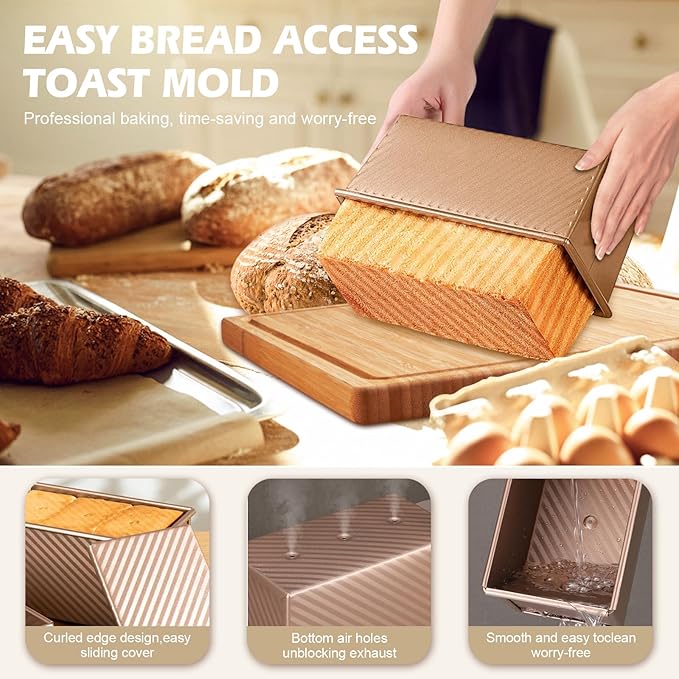 2Pack Bread Loaf Pan with Lids 1 LB Dough Capacity, Non-Stick Carbon Steel Pullman Loaf Pan for Homemade Sandwich and Sourdough Bread, Corrugated Toast Mold Gold