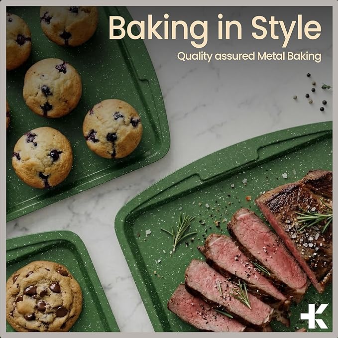 BAKKEN Kitchen Baking Pan Set - Nonstick Green Marble Coating, Commercial Grade Carbon Steel Bakeware Sets, Baking Kitchen Essentials, PFOA, PFOS, PTFE Free, Oven Safe Tray (Up To 450° F), Set of 3