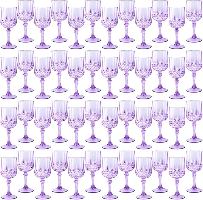 Plastic Wine Glasses, Plastic Goblets Vintage Style Cordial Unbreakable Drinking Glasses, Reusable Drinkware for Wedding Reception, Grand Event Party Supplies (48, Purple)
