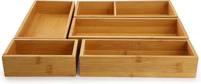 Elama 5 Piece Bamboo Wood Drawer Organizer Tray, Utensil Storage, Desk Drawer Storage (5 Piece Trays)