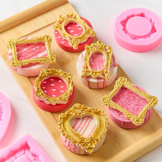 Puyeipt 4 Pcs Photo Frame Silicone Molds, Baroque Style Picture Photo Frames Fondant Molds for Cupcake Topper, Chocolate, Candy, Donut Cake Puck Decoration and Clay Craft Making