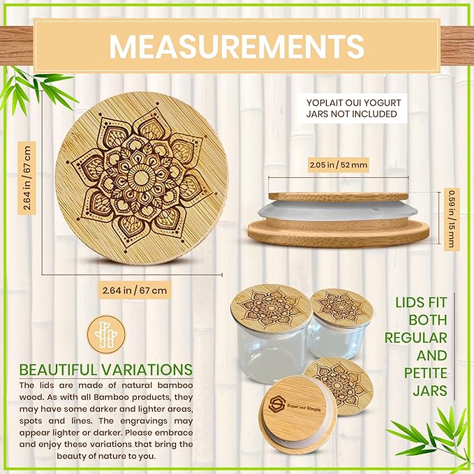Mandala Bamboo Oui Yogurt Jar Lids – 4 Pack | Reusable Bamboo Tops for Yoplait Oui Glass Jars | Airtight Oui Yogurt Jar Covers with Silicone Seal | Replacement Lids for Oui Yogurt Storage Containers
