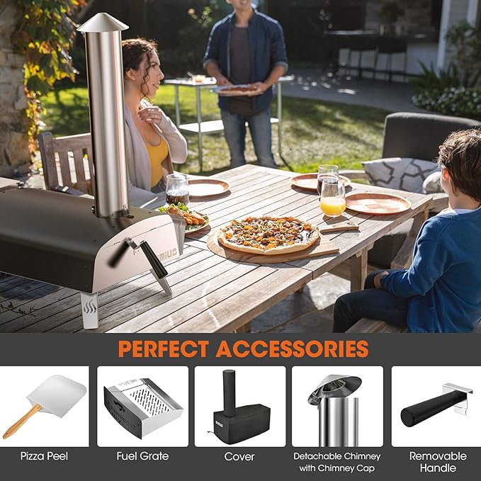 Mimiuo 12" Outdoor Wood Pellet Pizza Oven, 34.8 lbs Heavy Duty Stainless Steel Pizza Stove - 60 Second Pizza, Includes 13" Square Stone Foldable Peel & Cover - Portable for Backyard Camping