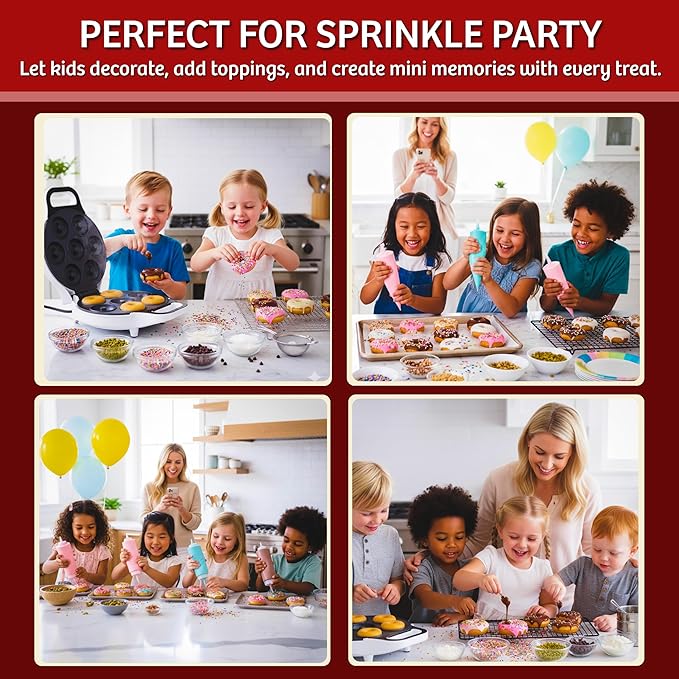 Mini Donut Maker, Durable, Nonstick Easy to Use Mini Baking Machine - Cooks 7 Mini Doughnuts at a Time - Glazed, Frosted with Sprinkles, Nuts, or Vegan Donuts, & More (White)