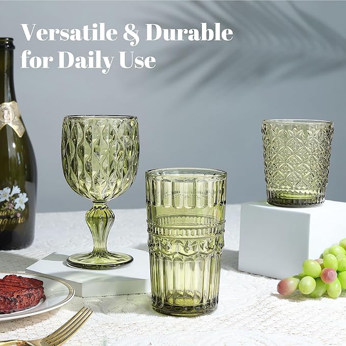 Joeyan Green Vintage Drinking Glasses,Embossed Water Glass Cups,Colored Decorative Glass Tumblers,Elegant Glassware Cups for Beverages Juice Cocktail Beer,11 oz,Set of 6,Dishwasher Safe