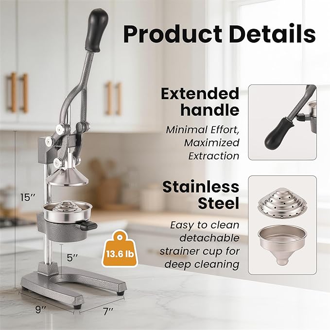 Cast Iron Juicer Manual Hand Press Squeezer for Citrus & Pomegranate – Easy to Clean Metal Juice Press with Stainless Steel Bowl, Ideal for Home Cooks, Health Enthusiasts, and Bartenders