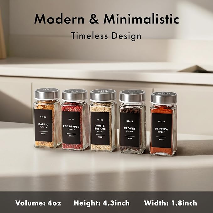 EDELHAUS Glass Spice Jars with Labels and Steel Lids (24 x 4oz) Spice Containers with 240 Label, Steel Funnel, Shaker Inserts, Empty Square Seasoning Organizer for Spice Rack, Cabinet, Drawer