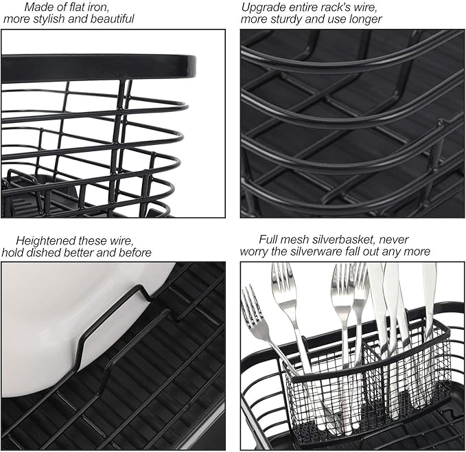 TQVAI Kitchen Dish Drainer Rack with Drying Board and Full-Mesh Silverware Utensils Holder, Black
