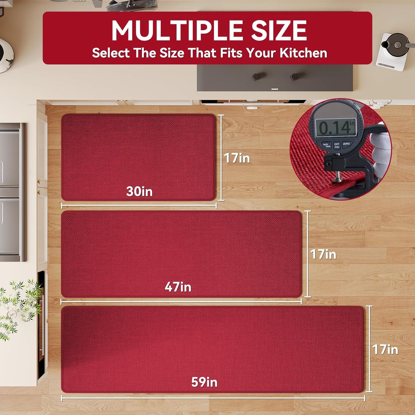 Kitchen Mats for Floor, Super Absorbent Kitchen Rugs Non Slip Washable, Soft Imitation Linen Braided Kitchen Runner Rug, Standing Mat Kitchens Sink Mat, Easy to Clean, Red 17x59