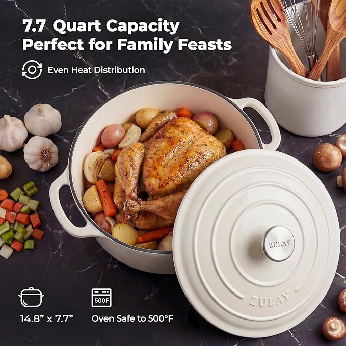 Zulay Kitchen 7.7 Quart Enameled Cast Iron Dutch Oven Pot with Lid – Premium Durability & Oven Safe up to 500°F – Heavy Duty Cookware Perfect for Bread Baking, Stews, Braising & Roasting – White