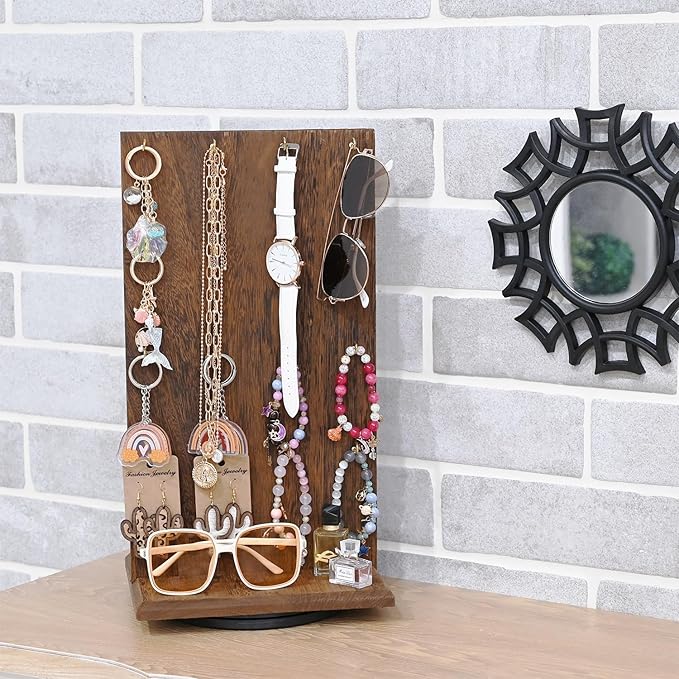 Ikee Design Wooden Rotating Two-Sided Jewelry Display Stand, Rotating Organizer with 32 Hooks for Store, Earring Keychain Display with Hooks, Brown color, 9 W x 7.5 D x 16.5 H in
