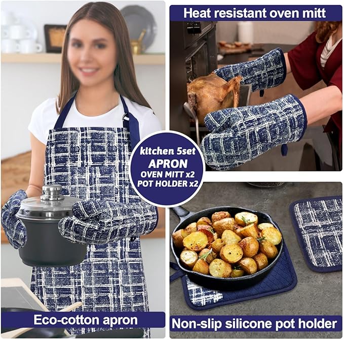 Alselo Oven Mitts and Pot Holders with Cooking Apron,Set of 5 Heat Resistant Kitchen Gloves and Silicone Non-Slip Potholders Adjustable Neck Buckle Chef Apron, Cotton Nice Design for Cooking (Navy)