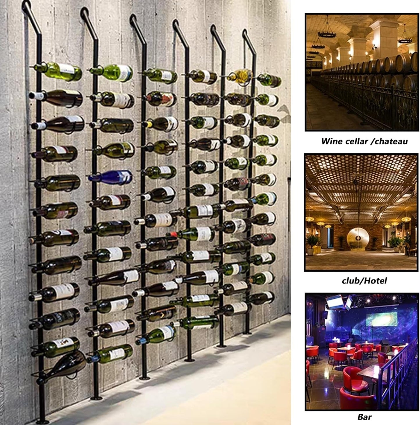Wine Rack Wall Mounted, 72.8in High Metal Wine Bottle Holder for 12 Bottles, Kitchen Organization and Wine Storage for Commercial Restaurants Pantry Bar Wine Cellar (Black, Five rows-60 Bottles)