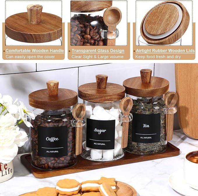 Suclain 3 Pcs Glass Coffee Container with Wooden Lid Spoon Shelf Labels Clear Airtight Jar Food Storage Canister Set for Sugar Spice Coffee Bean Holder Housewarming Gift(20 oz,Acacia Brown)