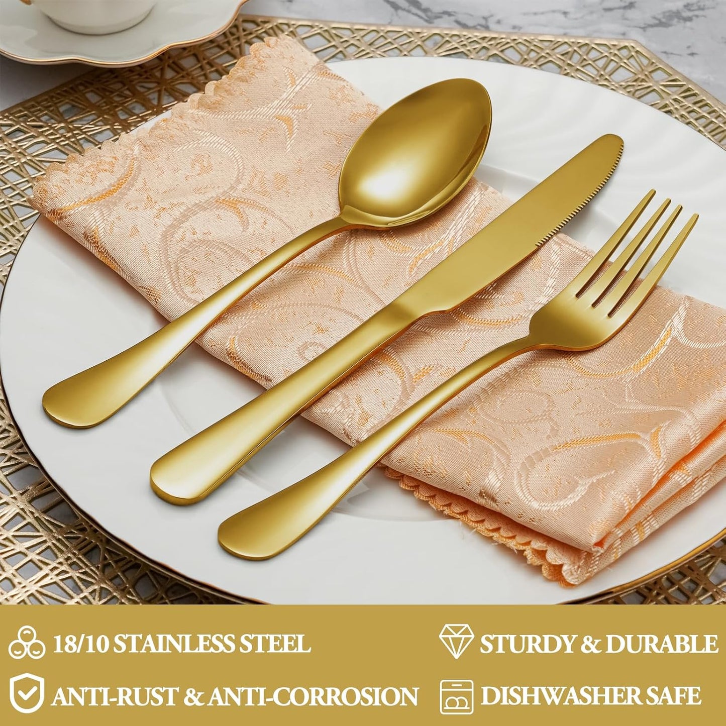 30 Pcs Gold Silverware Set Service for 6, Premium Stainless Steel Flatware Set, Cutlery Utensil Set, Durable Home Kitchen Eating Tableware Set, Include Fork Knife Spoon Set, Dishwasher Safe