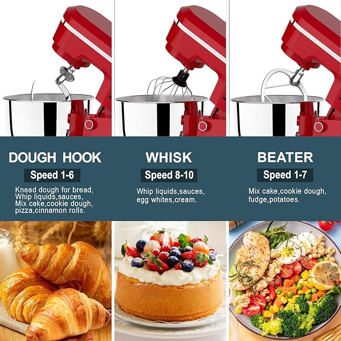 Household Stand Mixer with 6.5 Quart Bowl, Electric Food Mixer 10+p Speeds 660W, Tilt-Head Bread Dough and Cake Mixers with Dough Hook, Whisk, Beater, Splash Guard and Egg Separator (Red)