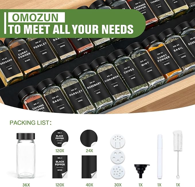 Spice Jars with Label, 36pcs 4oz Glass Spice Jars with Black Lids, Square Spice Containers with 304 Labels and Shaker Inserts, Empty Seasoning Bottles for Drawer, Cabinet, Seasoning Organizer