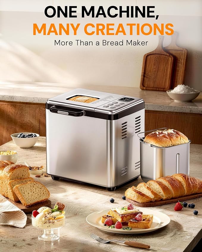 OSIPOTO Bread Maker, 2LB Stainless Steel Bread Machine, 17-in-1 Automatic Settings, Non-Stick Pan, Beginner-Friendly Controls, Easy to Clean, Low Noise, High Success Rate for Homemade Bread