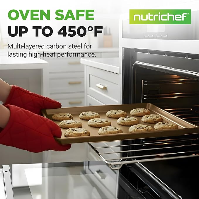 NutriChef Nonstick XL Cookie Sheet Baking Pan, Extra Large 22 Inch x 16 Inch, Carbon Steel Oven Baking Sheet for Cookies & Pastries, Gold - NCLG1GD