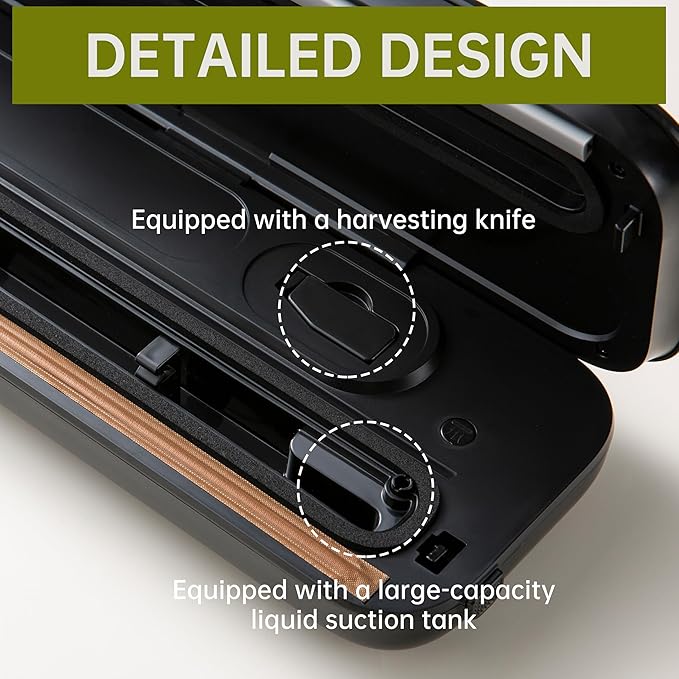 THETCHRY Vacuum Sealer For Food,6-In-1 Food Sealer Machine with 20 Large Vacuum Bags,Built-In Water Tank&Cutter,Powerful Low- Noise Food Saver with Glass Touch Screen,Black