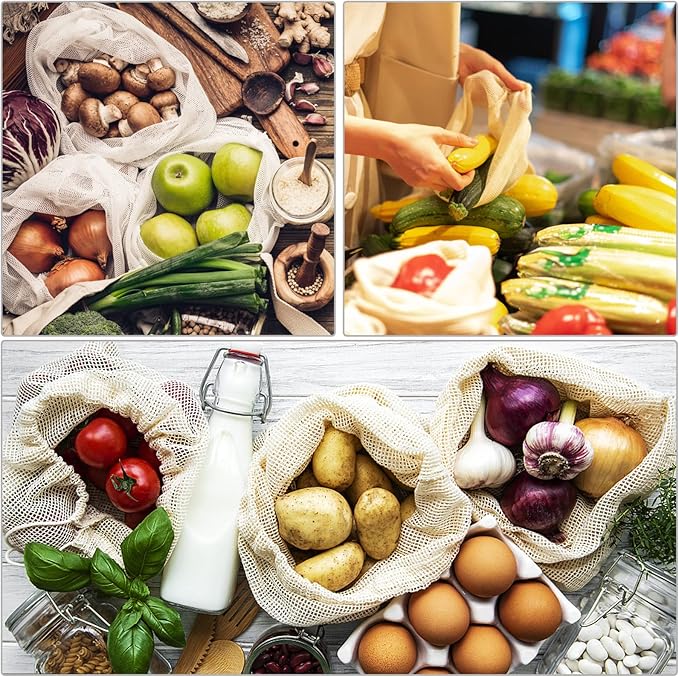 Reusable-Cotton-Mesh-Produce-shopping-Bags-Washable Eco Friendly Premium See Through Lightweight Net zero Bulk Bags for Veggie Fruit Vegetable Grocery Storage (9 Packs)