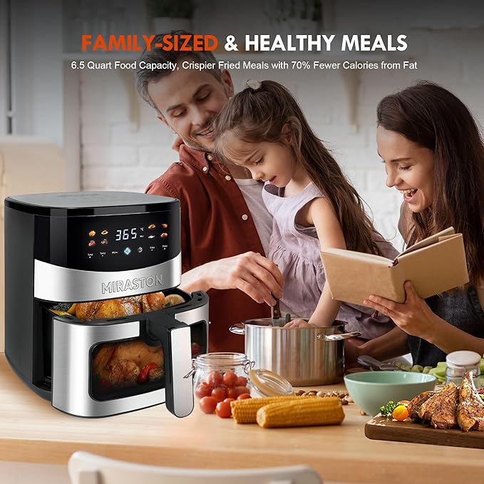 6.5QT Smart Digital Air Fryer, Visual Window, 8 Presets Recipes for Fast Easy Meal, Snack, Dessert, Main Dish, Square Basket Dishwasher-Safe, for 3-5 People, Kitchen Dorm Office