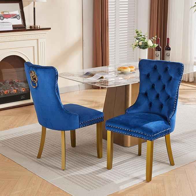 Velvet Dining Chairs Set of 2, Modern Tufted Dining Room Chair, Upholstered Dining Chairs with Lion Head Pulls Ring and Golden Solid Wood Legs, Luxury Kitchen Chairs for Dining Room, Blue