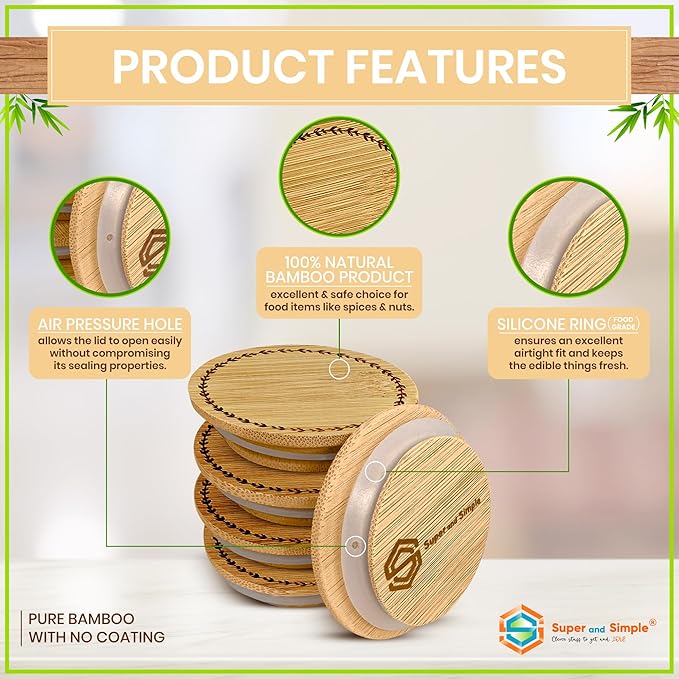 Oui Yogurt Jar Lids – Choose a Design, 4-24 pieces, Bamboo, Silicone, or Stainless Steel | Airtight Tops That Fit Yoplait Glass Jars | Oui Jar Covers |Lids for Yogurt Jars | Leaves Ring – 4 Pack