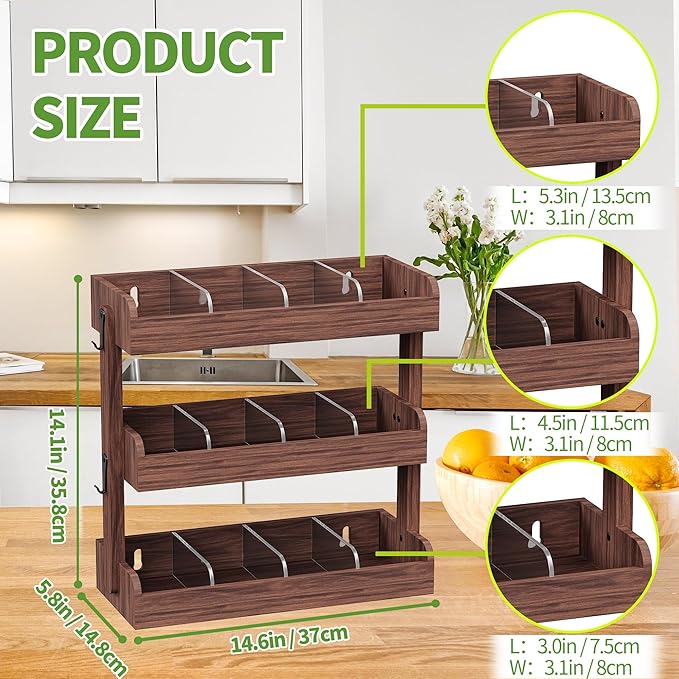 3 Tier Tea Bag Organizer - Wall-Mounted Holder with Partitions, 4 Hooks, Wooden Tea Box for Office, Kitchen, Cabinet, Pantry