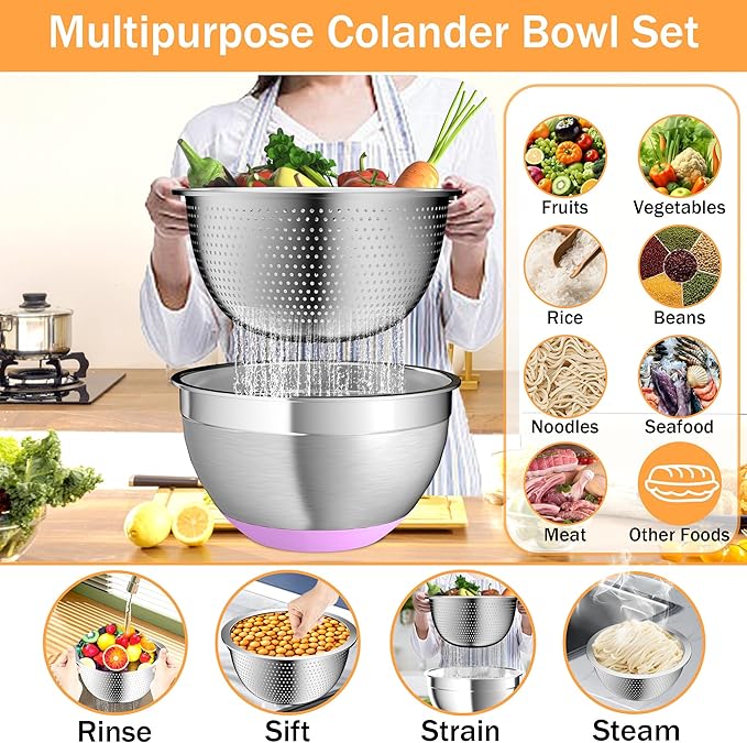 Nicdiet Mixing Bowls with Airtight Lids, Stainless Steel Mixing Bowl Set with 3 Metal Nesting Bowls, Colander & Grater, Non-Slip Bottoms, Size 1.5, 2.5, 5 QT, Great for Mixing & Serving, Mutilcolor