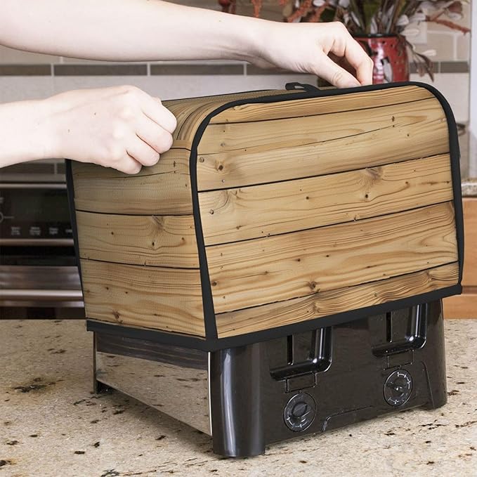 Brown Wood Texture Toaster Cover 2 Slice, Cute Rural Bread Machine Cover, Washable Dust-Proof Cover for Kitchen Small Appliance Cover,with Top Handle