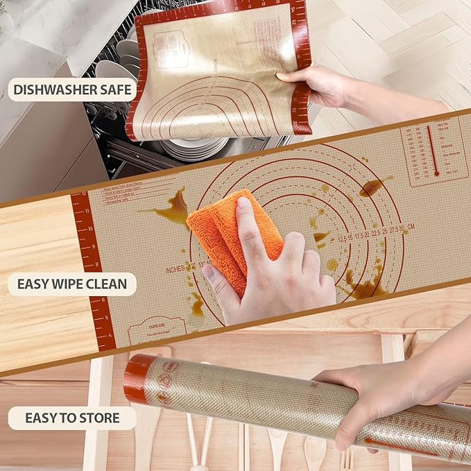 Pastry Mat, 0.7mm Extra Thick 26 x 16 Inches Large Non Stick Silicone Baking Pad, Pie Crust Rolling Supplies for Making Christmas Cookies Bread, Easy to Clean