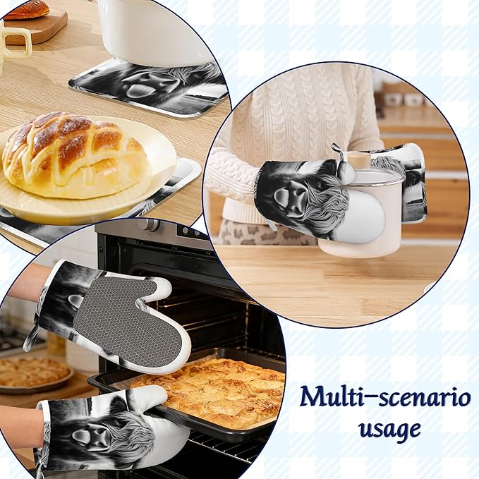 Oven Mitts and Pot Holders Sets Highland Cow Silicone Kitchen Mits Potholders Cute Highland Cattle Heat Resistant 4Pcs Oven Gloves Hot Pads for Baking Cooking BBQ Grilling Home Decor