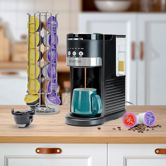 REVOTRA Single Serve Coffee Maker for Pods & Ground Coffee, 6 to 14oz Brew Sizes, Strong Brew Option, Fast Brewing, Compact Design with Removable 40oz Reservoir, Travel Mug Friendly