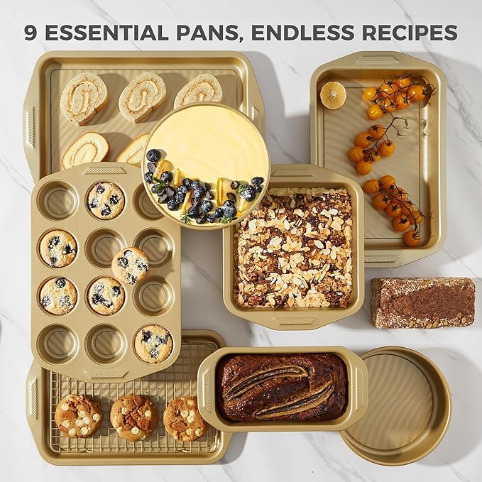 HONGBAKE 9-Piece Non Stick Baking Pans Set with Wave Texture for Reduced Oil, 0.8mm Thick Non Toxic Bakeware Sets, Includes Stackable Cookie Sheets for Oven Cooking, Cake Pan, Muffin Pan, Gold