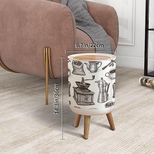Trash Can with Lid Vintage Coffee Equipment Hand Drawn Seamless Press Top Round Small Garbage Bin with Wooden Legs Waste Basket for Kitchen Bedroom Nursery 7L/1.8 Gallon