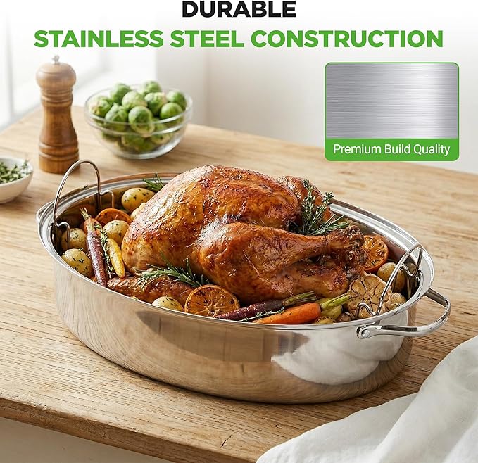 NutriChef 20" Oval Roasting Pan with Rack and Lid - Premium Stainless Steel Roaster Dish w/ Wide Handles & Removable Rack, Multi-Use Cookware for Turkey, Chicken, Stews, & More - Dishwasher Safe