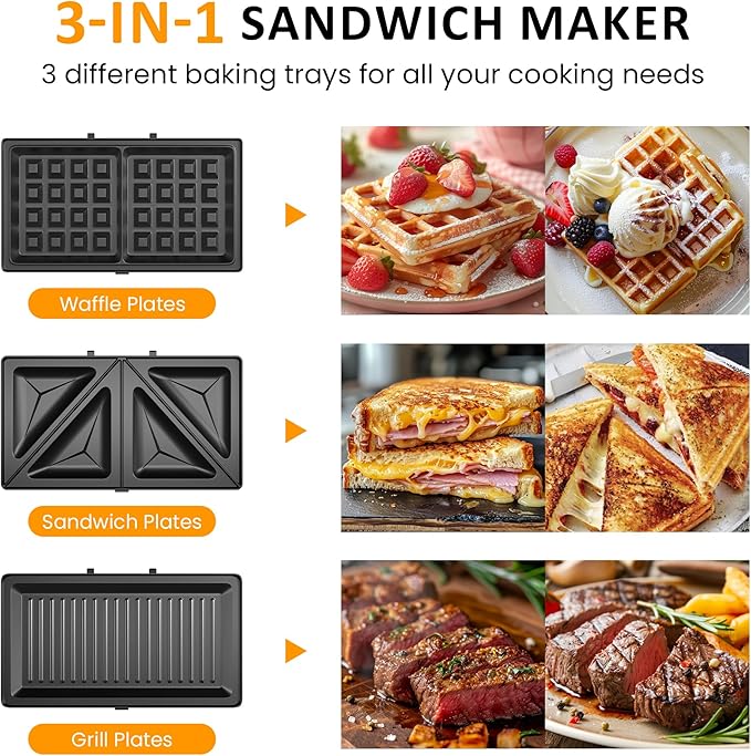 Sunvivi 3 in 1 Sandwich Maker, Electric Waffle Maker with Removable Non-stick Plates, 850W Panini Press Grill with Glass Top, Cool Touch Handle & Easy to Clean, Blue