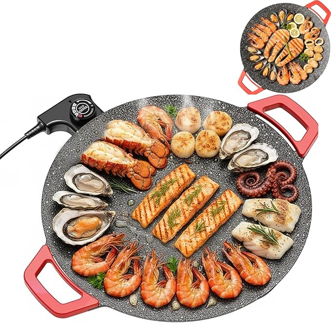 Indoor Smokeless Electric Griddle,Comales Para Tortillas Electricos, Portable Electric Korean Bbq Grill,Round Electric Griddle For Bbq, Tortillas, Steaks, Burgers, Pancakes (14.2 in)
