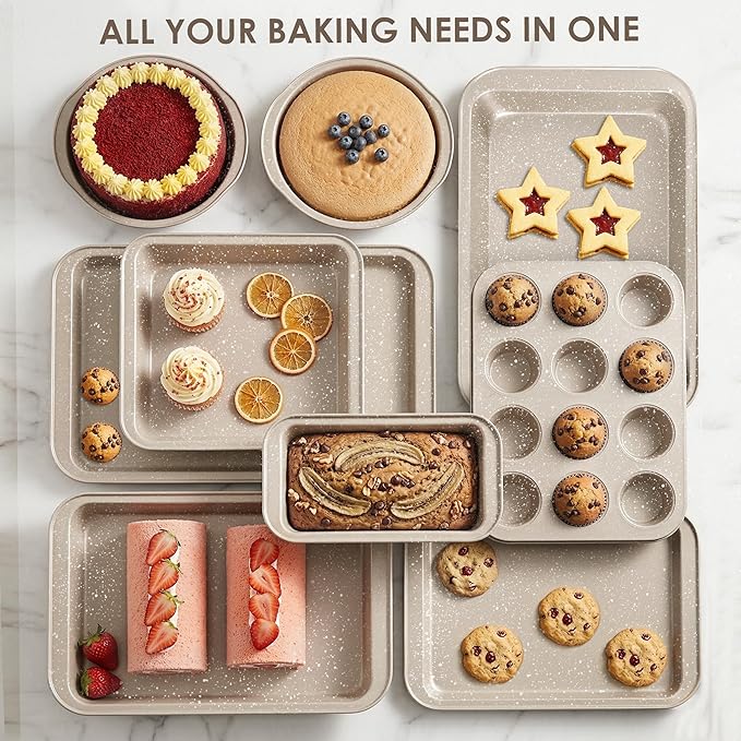 11 Piece Baking Set | Nonstick & Non Toxic Bakeware Sets Baking Pans Set | Carbon Steel Baking Supplies Include Notebook, Cookie Sheets, Roasting Pan, Muffin Pan, Cake Pan, Pizza Pan, Loaf Pan