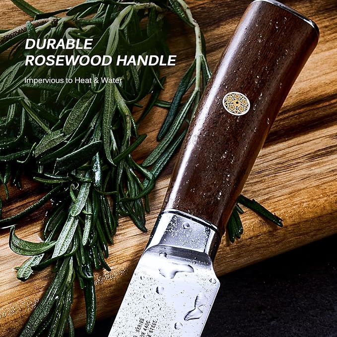 KYOKU 8 Inch Carving Knife - Daimyo Series - Meat and Fruit Slicing Knife with Ergonomic Rosewood Handle, & Mosaic Pin - Japanese Style 440C Stainless Steel Kitchen Knife with Sheath & Case