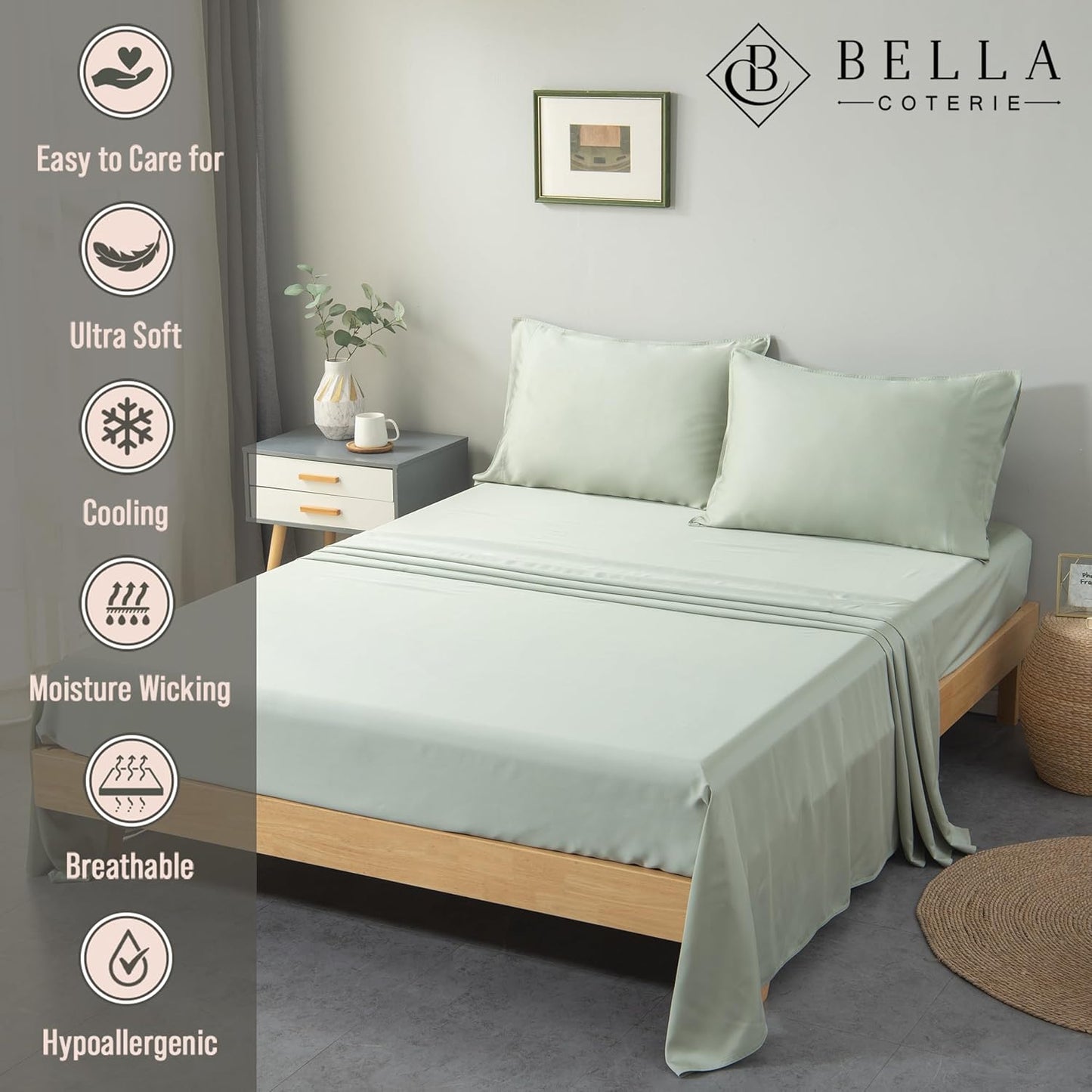 Bella Coterie Luxury Bamboo Viscose Twin XL Size Sheet Set | 100% Organically Grown | Ultra Soft | Cooling for Hot Sleepers | 18" Deep Pocket [Sea Glass]