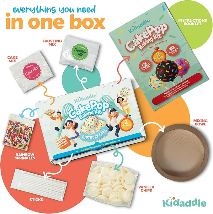 Kidaddle DIY Cake Pop Kit for Kids – Birthday Cake | Kid Baking Kit with Premeasured Ingredients, Decorating Supplies | Made in USA | Certified Kosher | Christmas Kids Gift for Girls & Boys