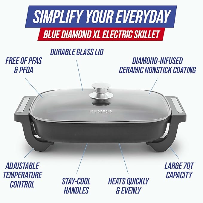 Blue Diamond 7QT 5-in-1 Extra Large Electric Skillet, Healthy Ceramic Nonstick Interior, Non-Toxic PFAS-Free, Temperature Control, Stay Cool Handles, Easy Clean, Graphite