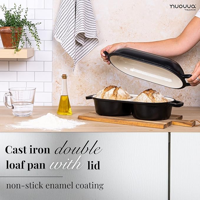Dutch Oven for Sourdough Bread Baking – Enamelled Cast Iron Bread Loaf Pot – 500°F Oven Safe Non Stick Bread Pot – Double Round Loaf Space, 16.5cm Diameter, Black, – by Nuovva